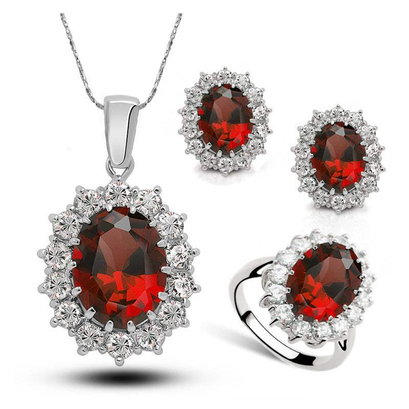 Women's Crystal Bridal Jewelry Set | Necklace Earrings & Ring — Korean Style