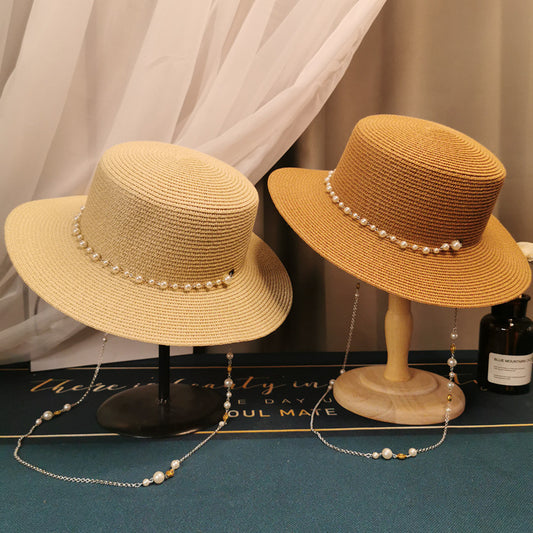 Pearl Chain Flat Straw Hat