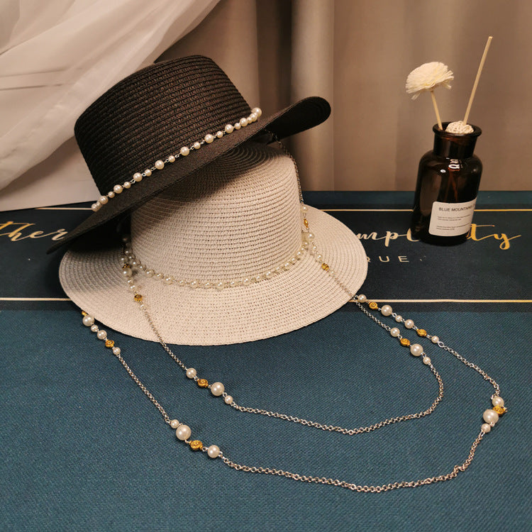 Pearl Chain Flat Straw Hat