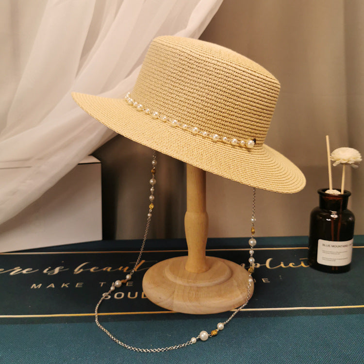 Pearl Chain Flat Straw Hat