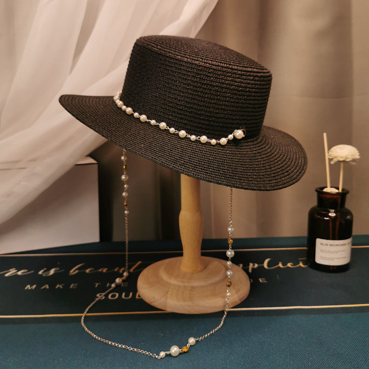 Pearl Chain Flat Straw Hat
