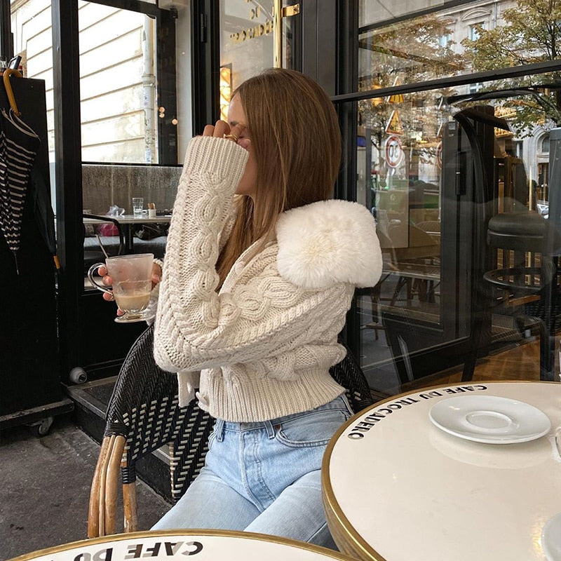 fur collar knitted jacket