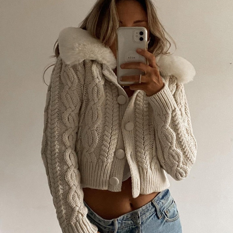 fur collar knitted jacket