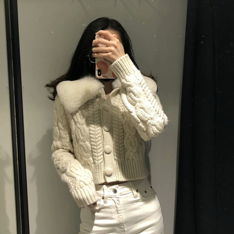 fur collar knitted jacket