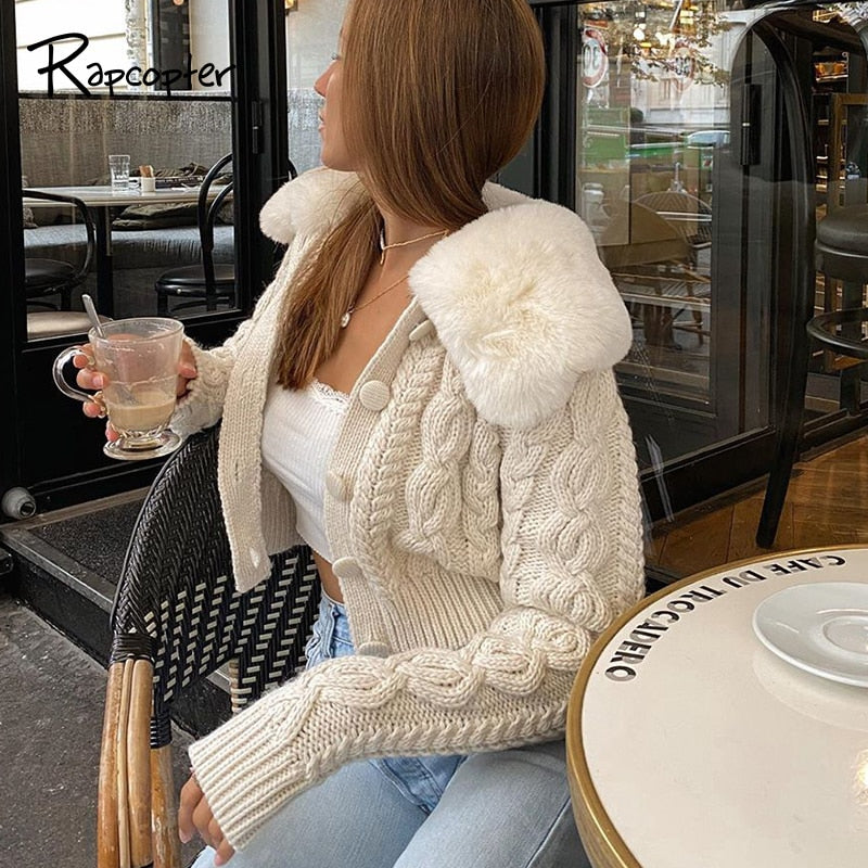 fur collar knitted jacket
