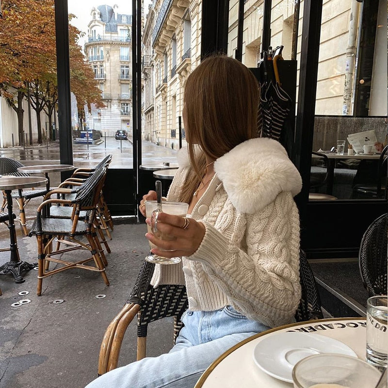 fur collar knitted jacket