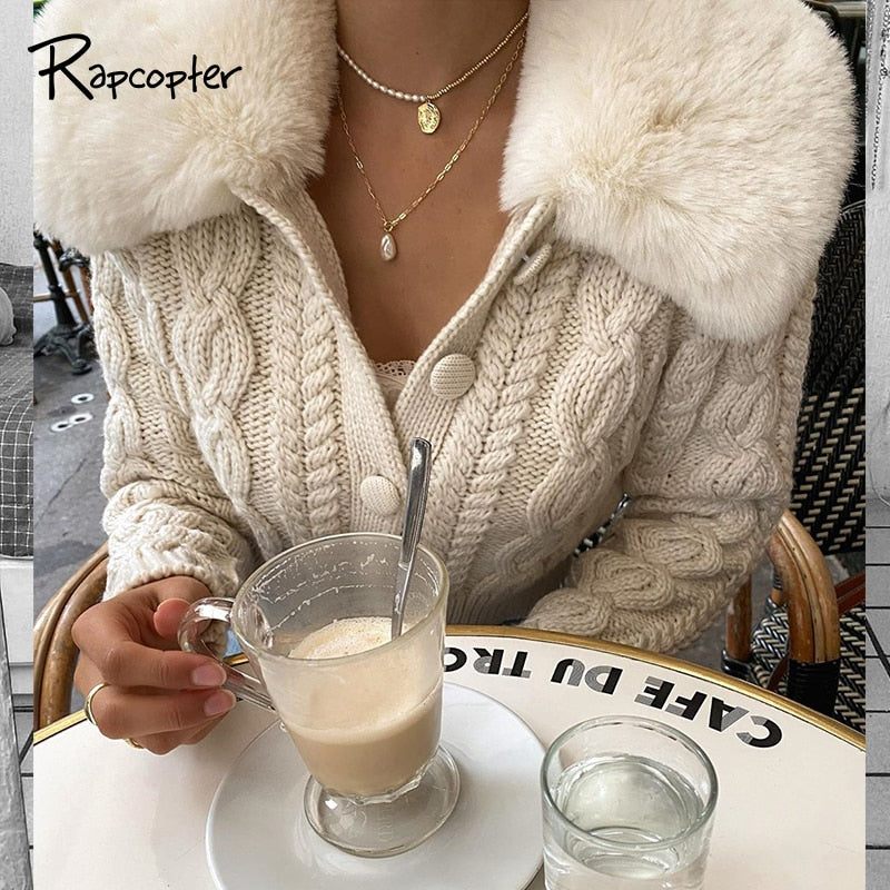 fur collar knitted jacket