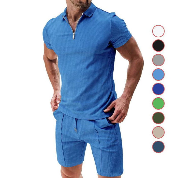 Men's 2-Piece Waffle Suit | Zipper Lapel Top & Drawstring Shorts — Summer Casual Set