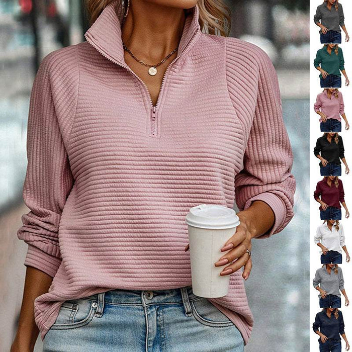 Zipper Stand Collar Striped Women's Long Sleeve Pullover Sweatshirt