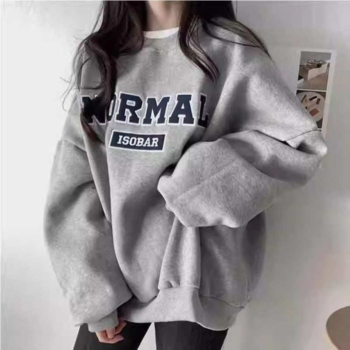 Gray Loose Capless Round Neck Brushed Women's Hoodie
