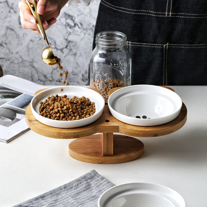 Ceramic Cat Bowl Set | Automatic Feeding Wood Stand — 5 Designs
