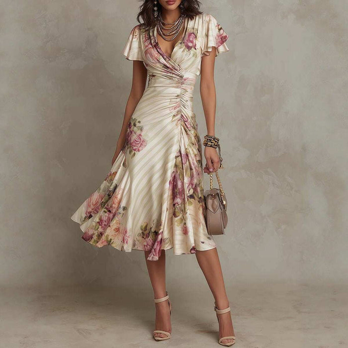 Printed V-Neck Defined Waist Ruffled Hem Dress | Women's Floral Summer Dress