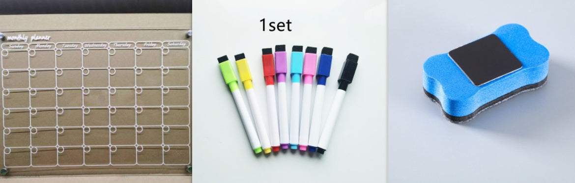 Acrylic magnetic dry wipe plate calendar with pen holder and eraser for refrigerator