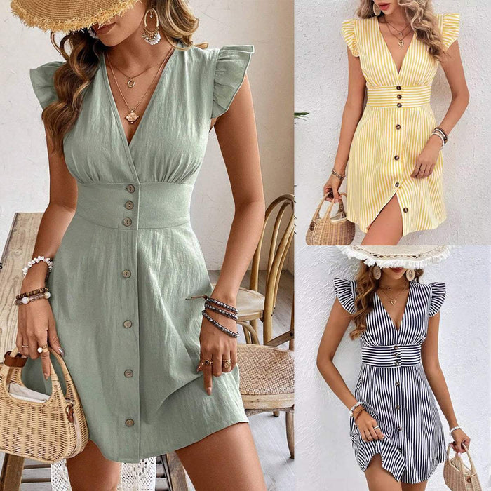 V-Neck Stripe Print Fly-Sleeve Shirt Dress | Women's Elegant Beach Style Splicing Dress