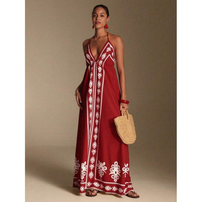 Floral Satin V-Neck Backless Long Slip Evening Dress