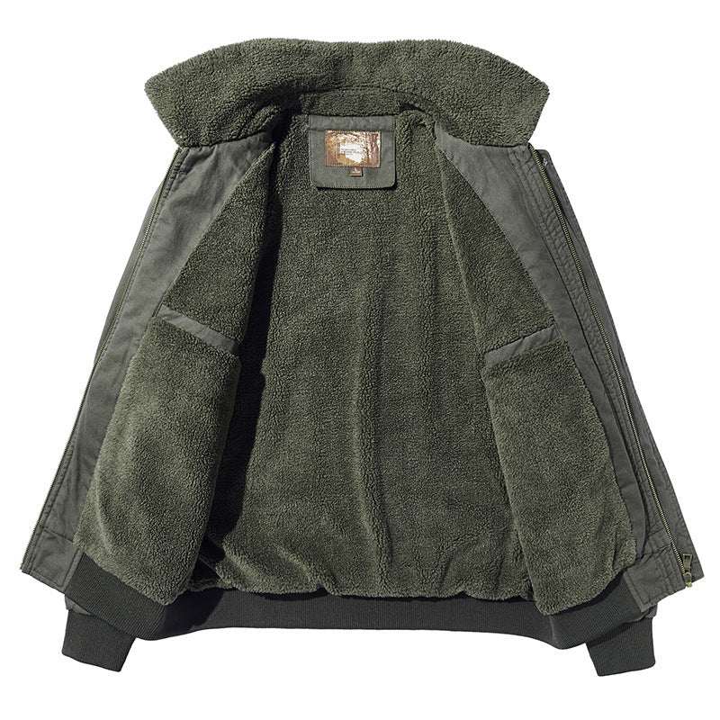 Casual loose cotton jacket with lapel collar in khaki, army green, and dark blue colors