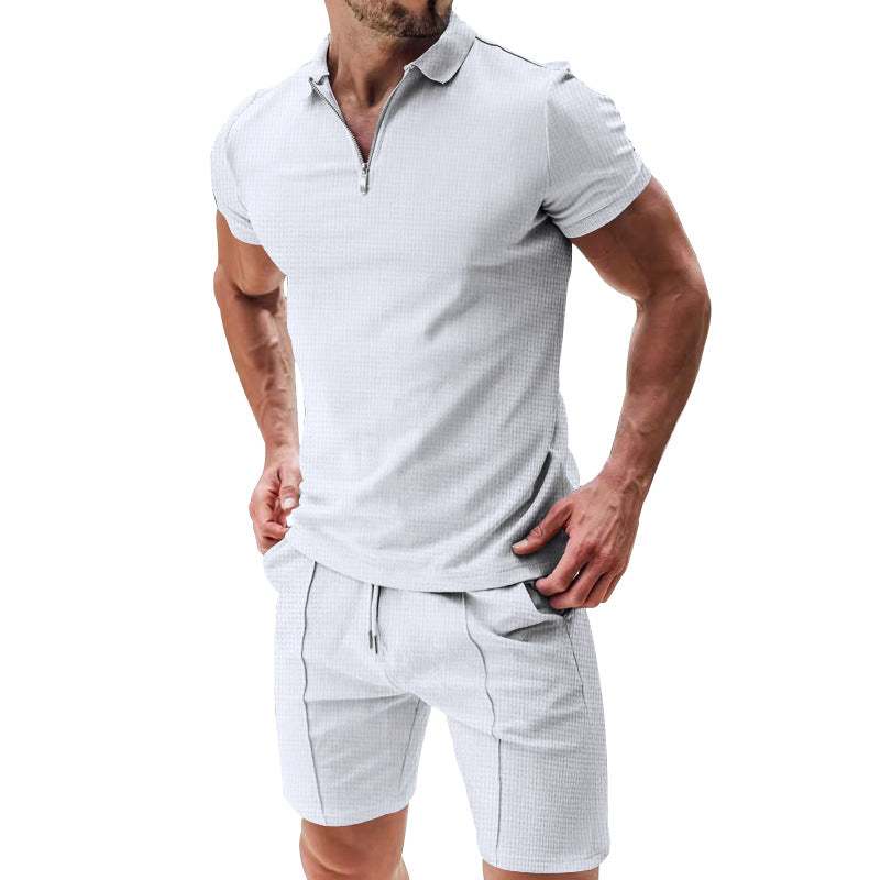 Men's 2-Piece Waffle Suit | Zipper Lapel Top & Drawstring Shorts — Summer Casual Set