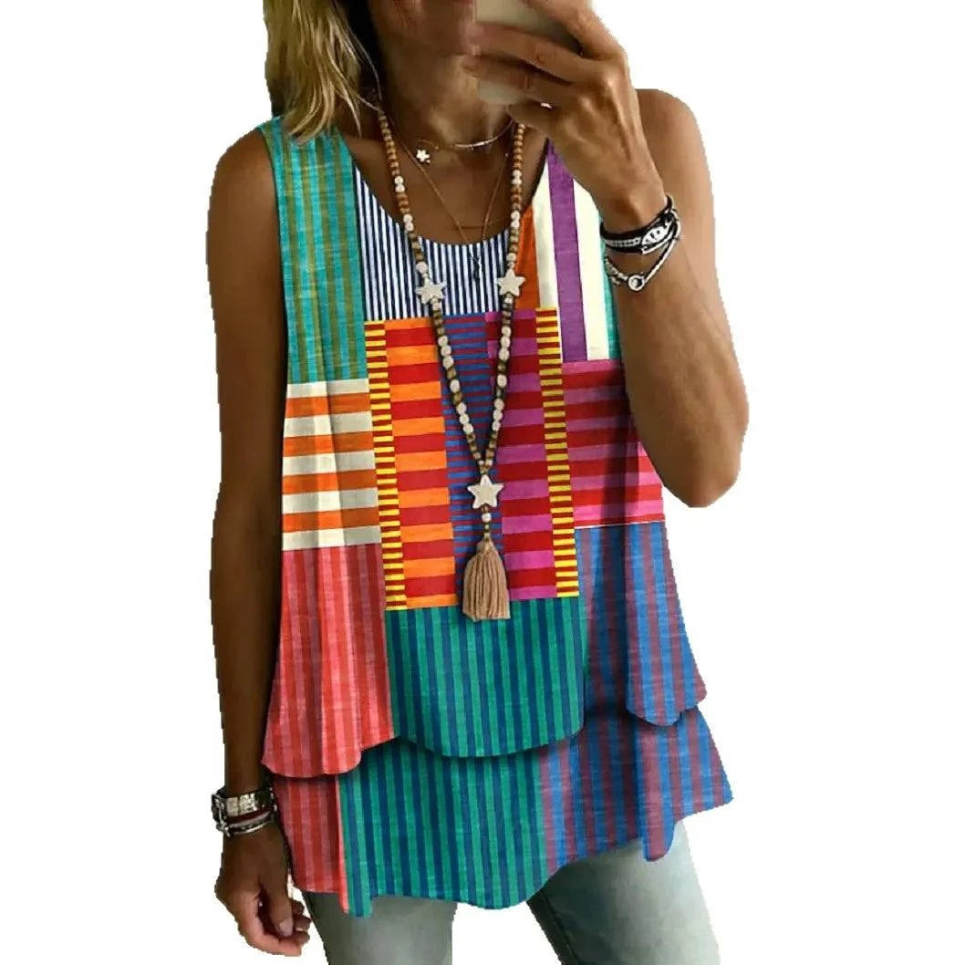 Geometric Print Sleeveless Crew-Neck Women's Casual Top