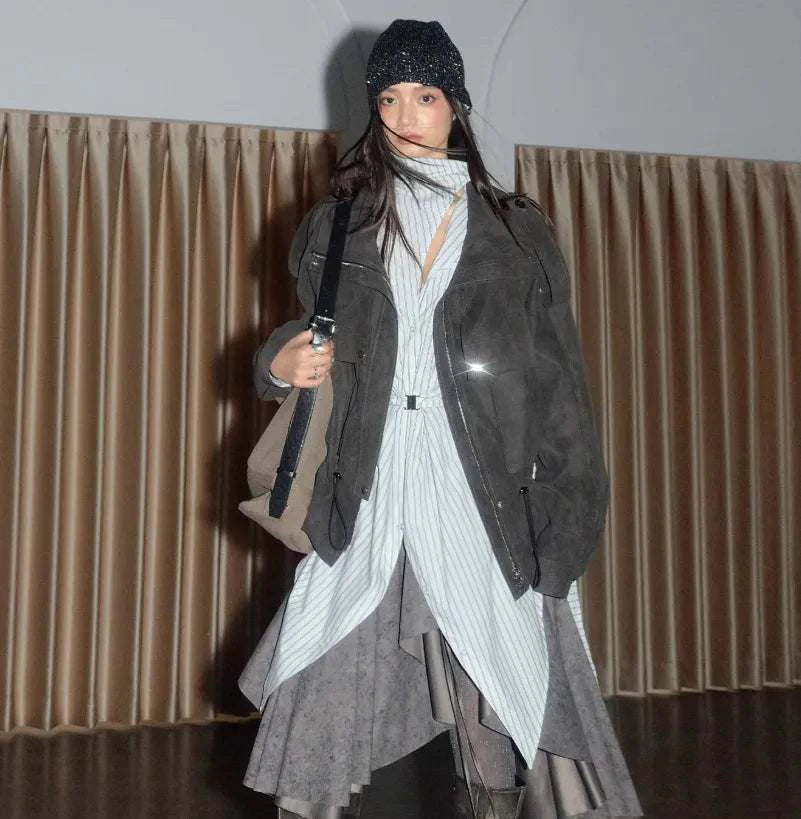 PU Leather Utility Jacket with Lambswool Lining | Women's Warm Streetwear Biker Coat
