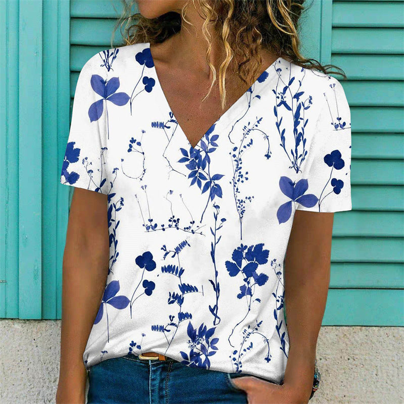 Flowers Print V-Neck Pullover  T-Shirt