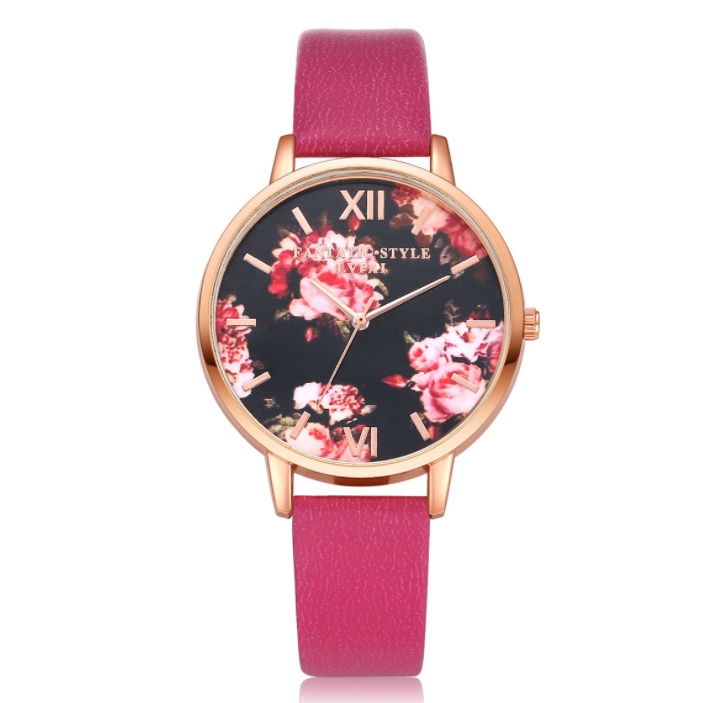 Leather Strap Rose Gold Women Watch