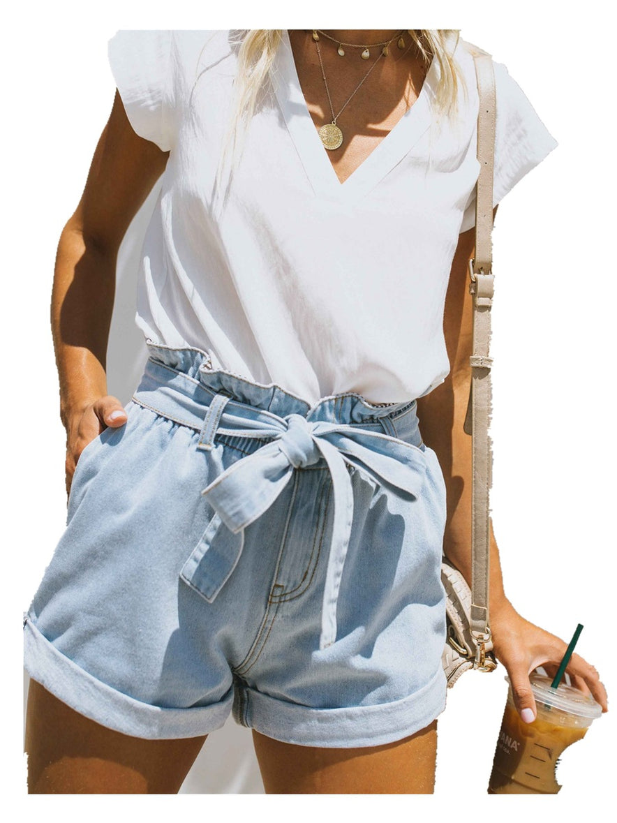 Belt lace denim shorts