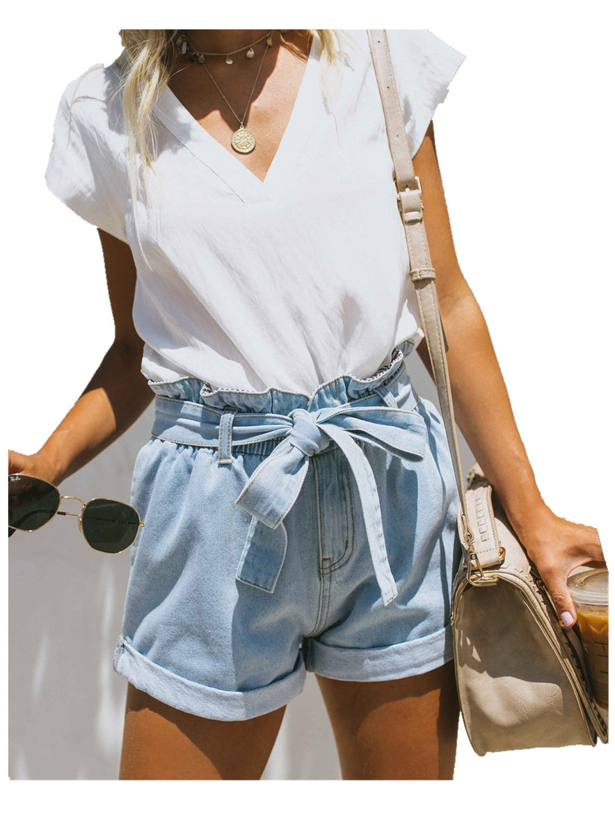Belt lace denim shorts