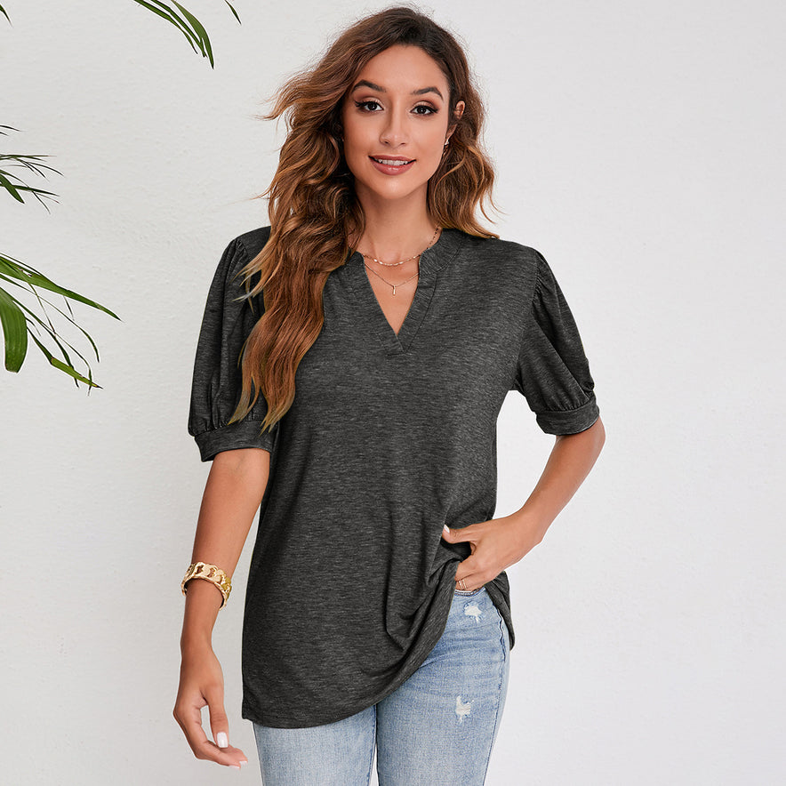 V Neck Pleated Puff Sleeve Tops