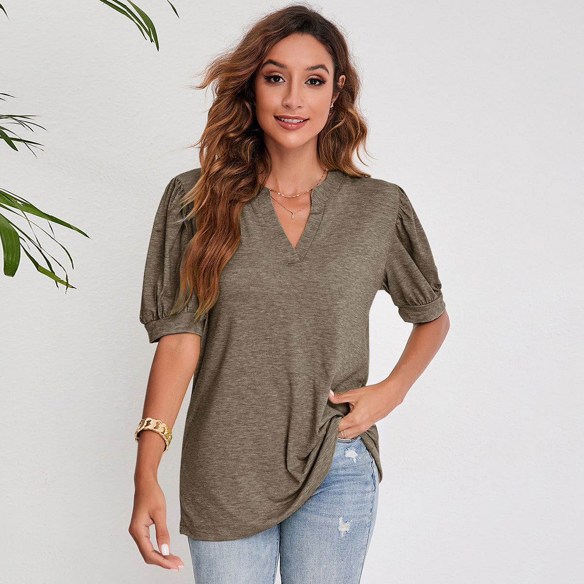 V Neck Pleated Puff Sleeve Tops