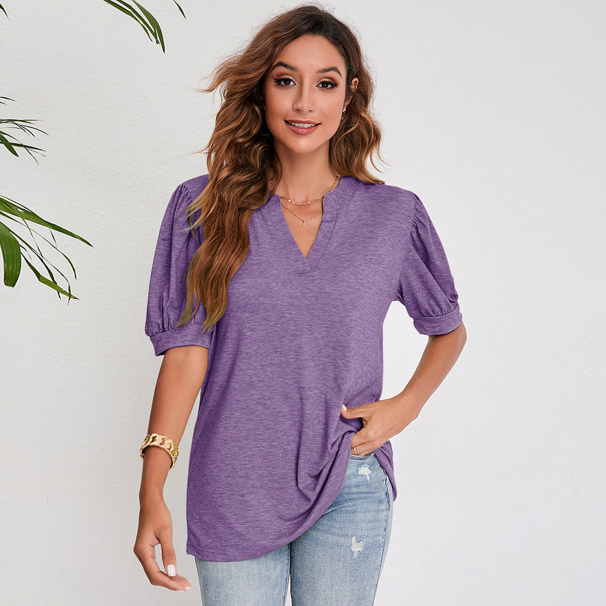 V Neck Pleated Puff Sleeve Tops