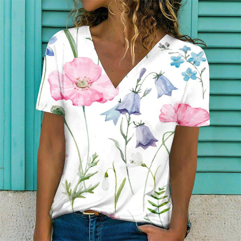 Flowers Print V-Neck Pullover  T-Shirt
