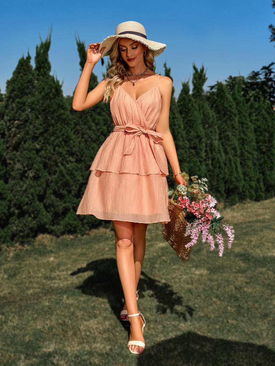 V-neck Waist Strap Suspender Dress