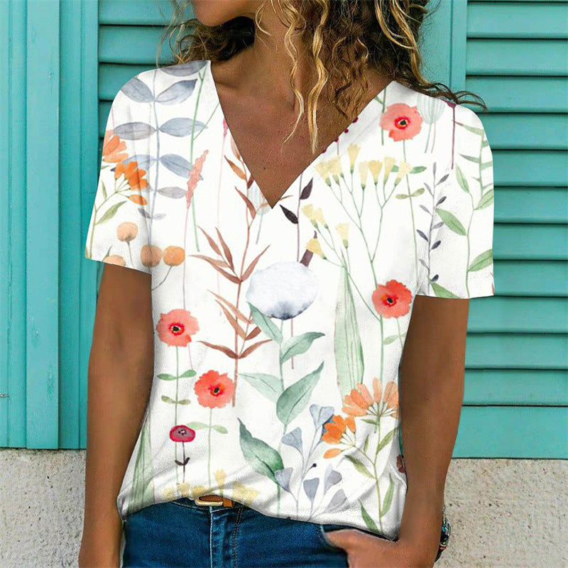 Flowers Print V-Neck Pullover  T-Shirt