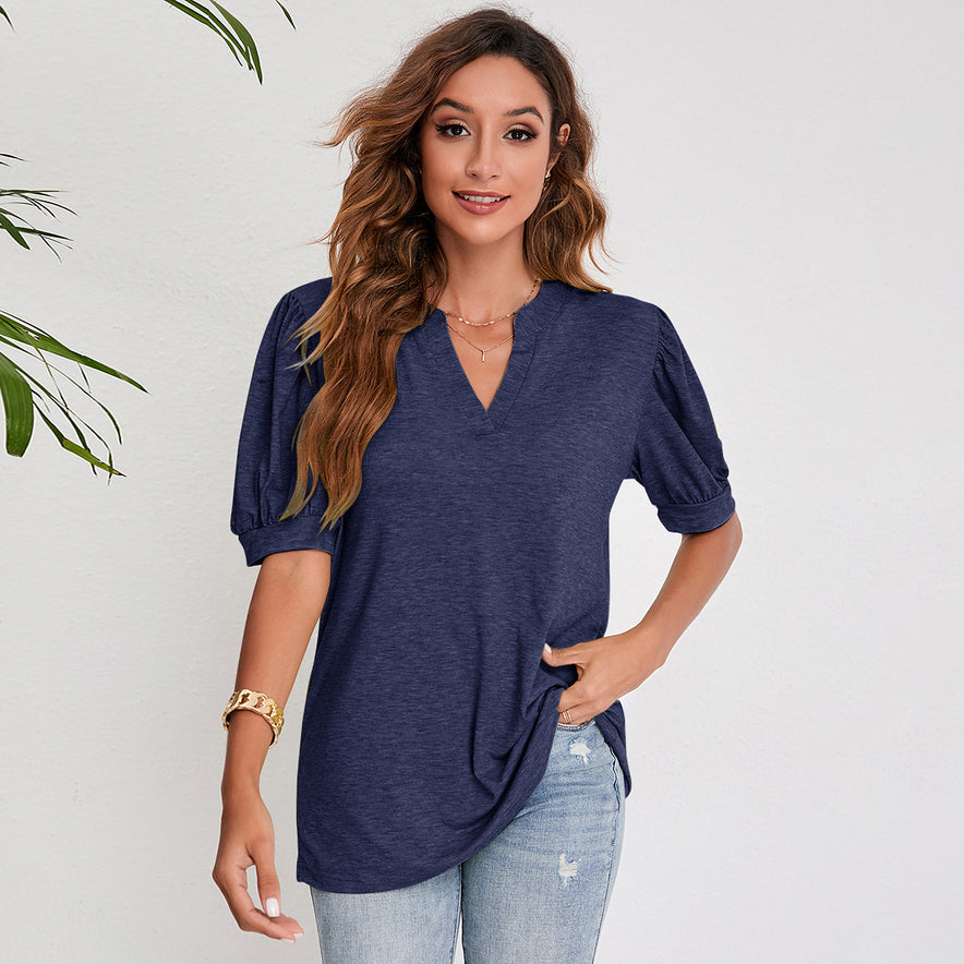 V Neck Pleated Puff Sleeve Tops