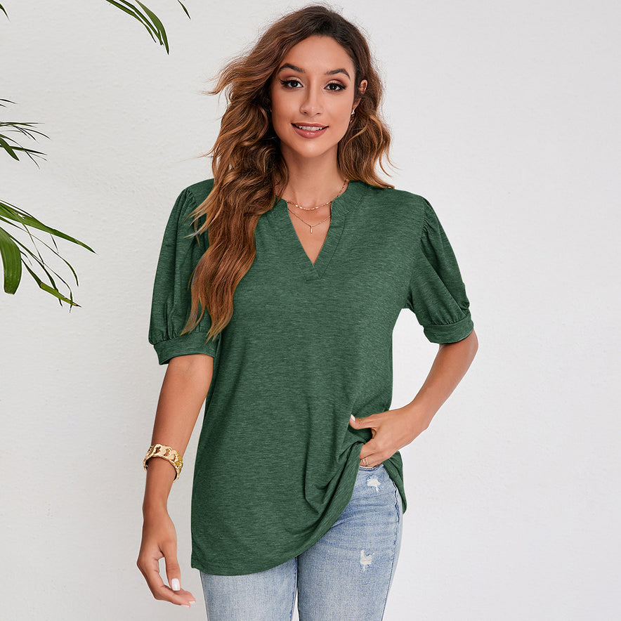 V Neck Pleated Puff Sleeve Tops