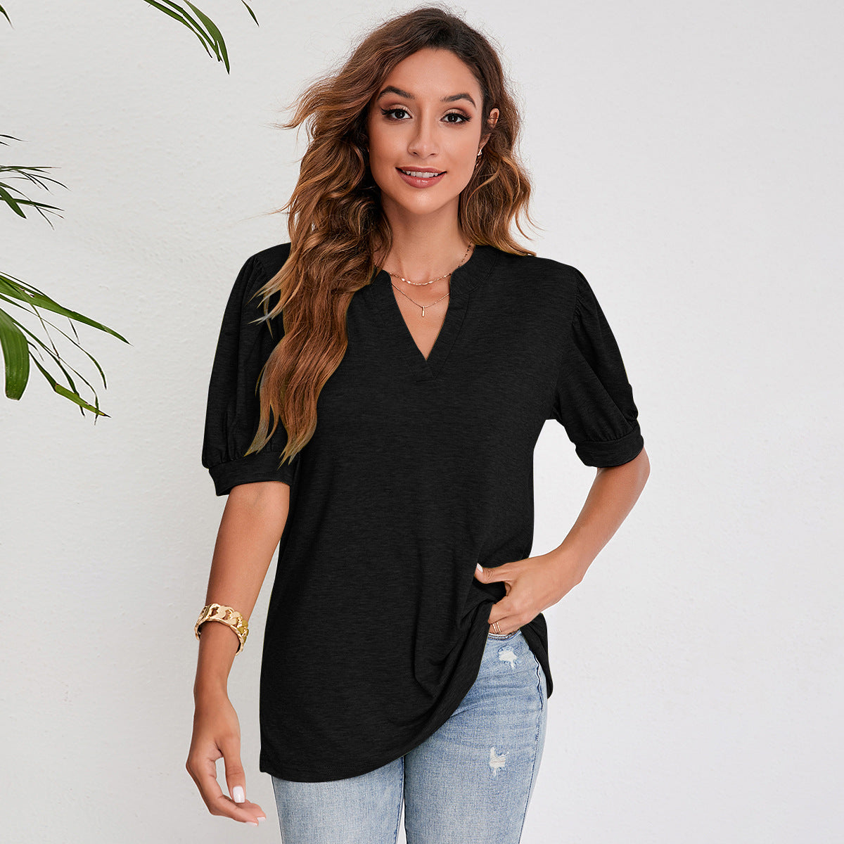 V Neck Pleated Puff Sleeve Tops
