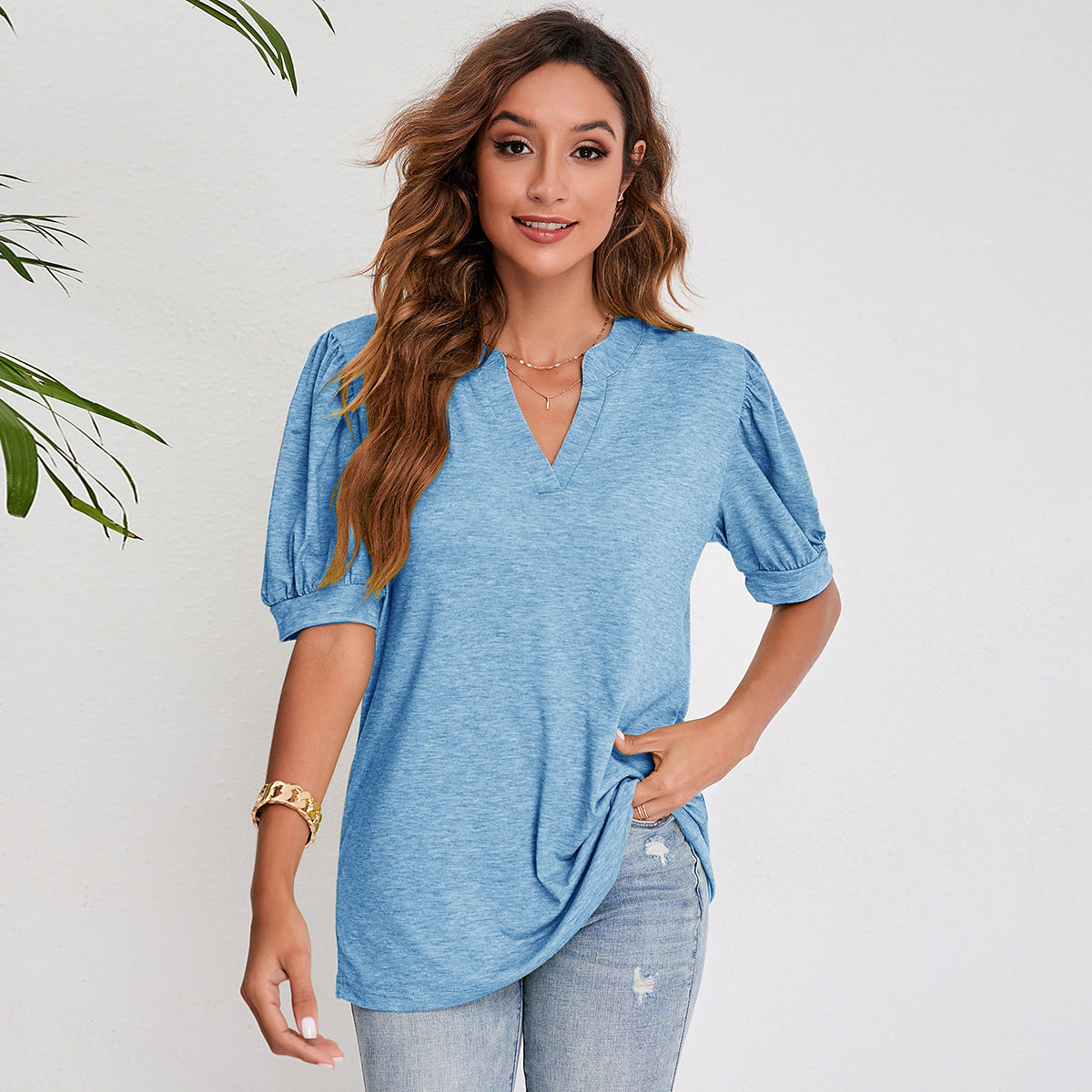 V Neck Pleated Puff Sleeve Tops