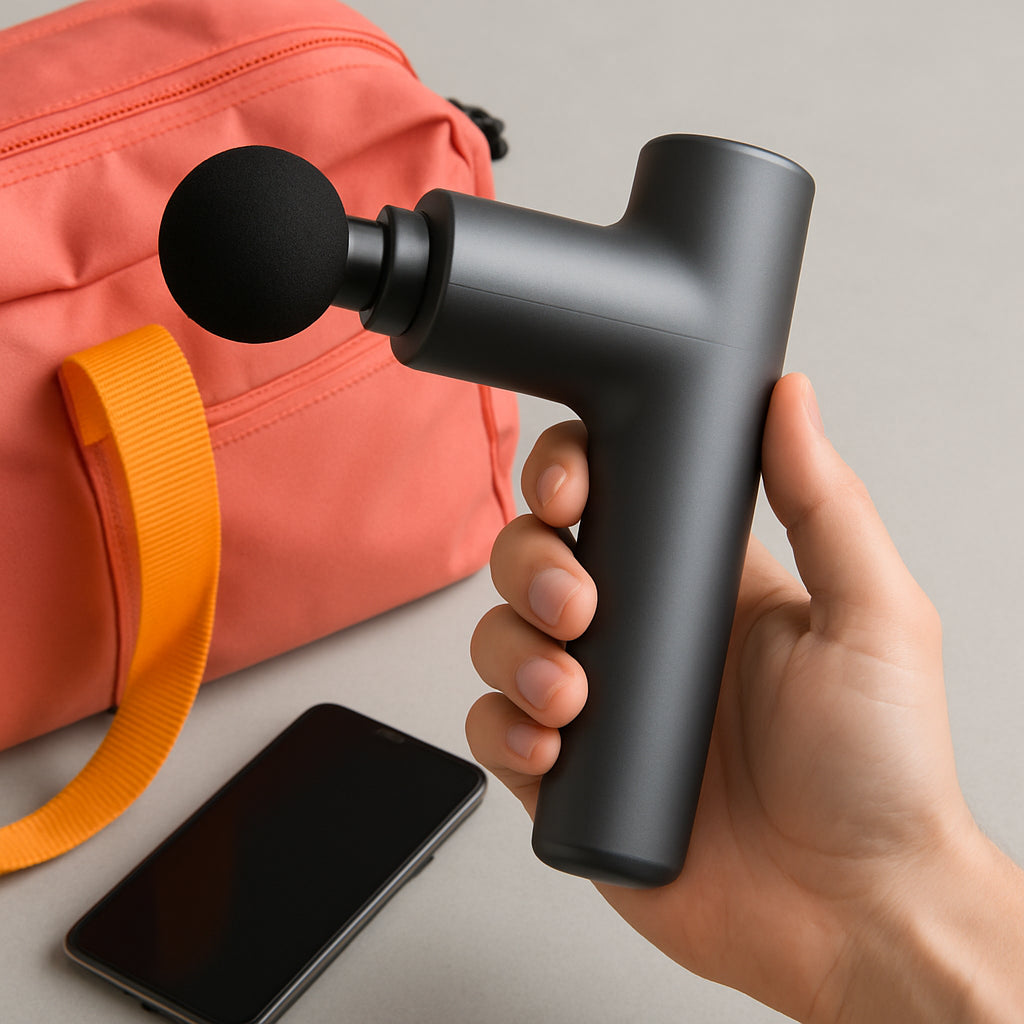 A sleek, lightweight massage gun being held in a hand, with a bright gym bag and a phone nearby, emphasizing portability and affordability. Alt: affordable massage gun portable design