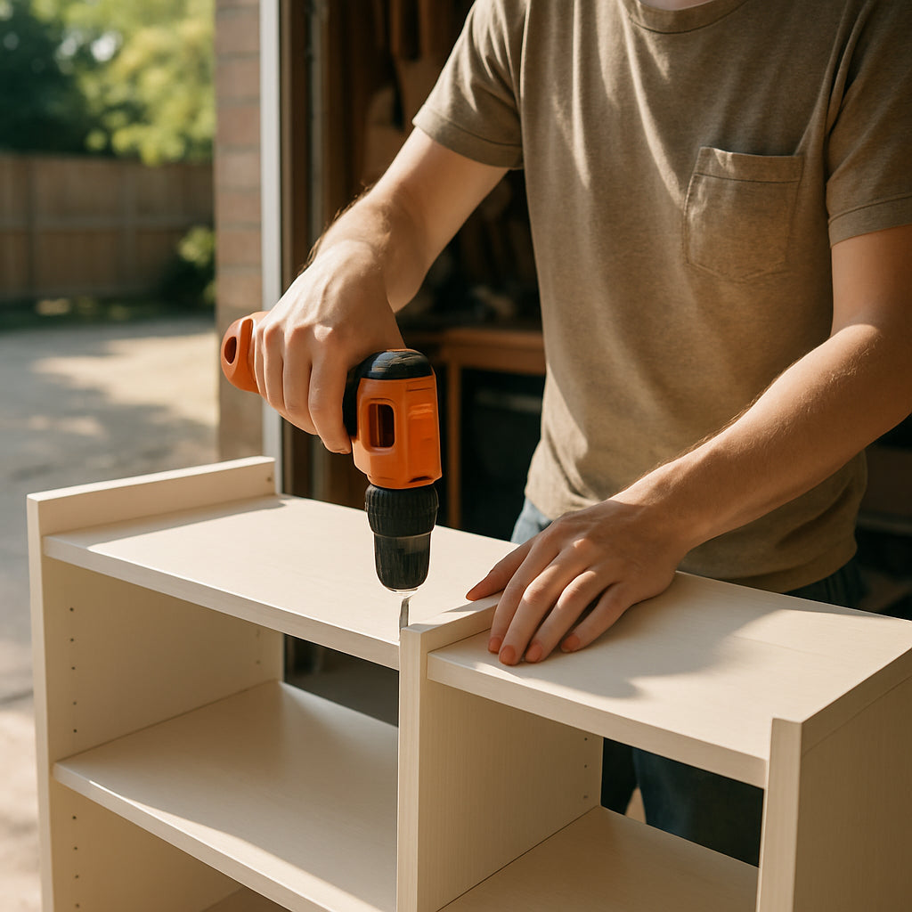 A person using a compact cheap cordless drill to assemble a bookshelf in a sunny garage. Alt: cheap cordless drill DIY project
