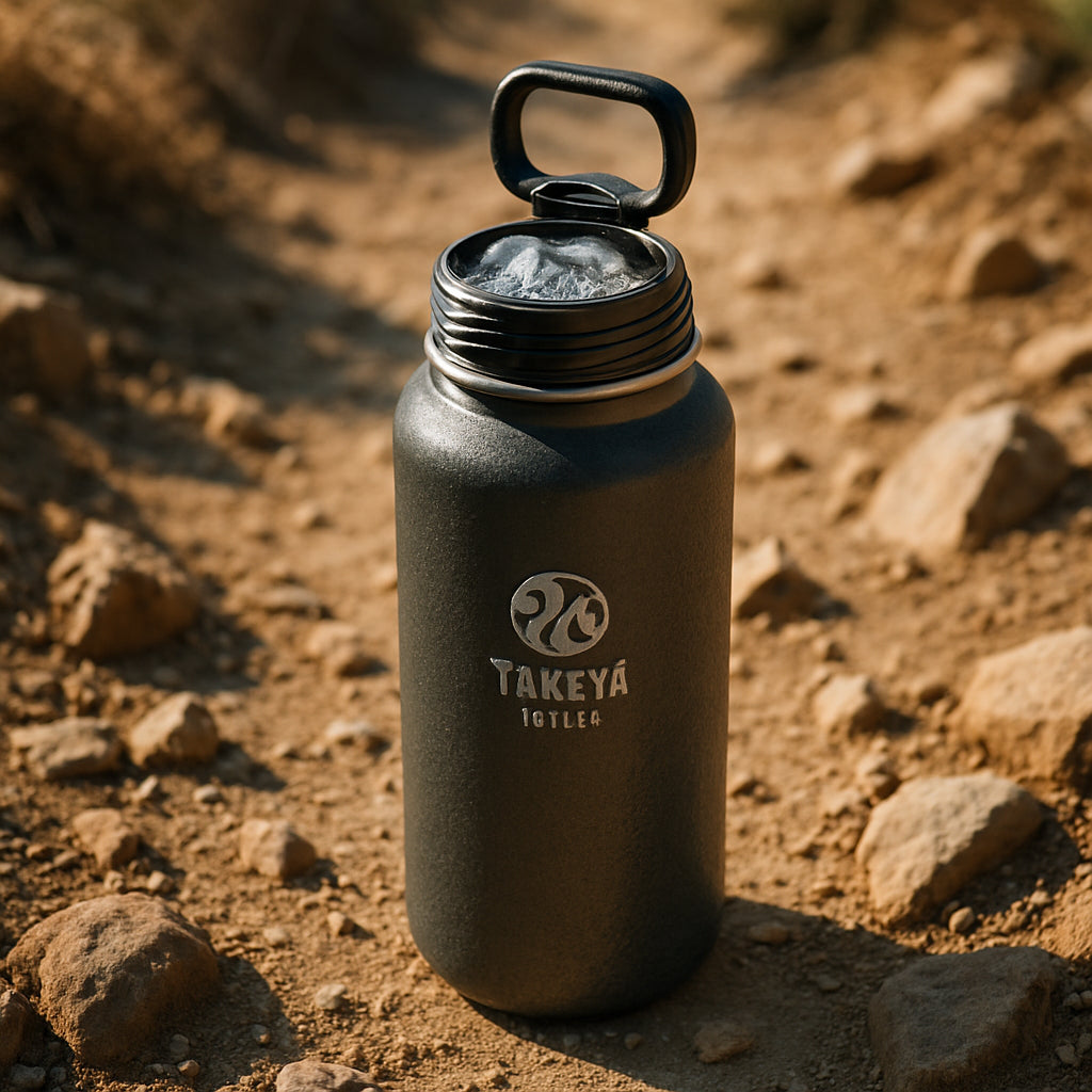 A close‑up of a Takeya Actives stainless steel bottle on a rocky trail, ice cubes visible through the wide mouth, dry textured exterior reflecting sunlight. Alt: cheap insulated water bottle on a hiking trail