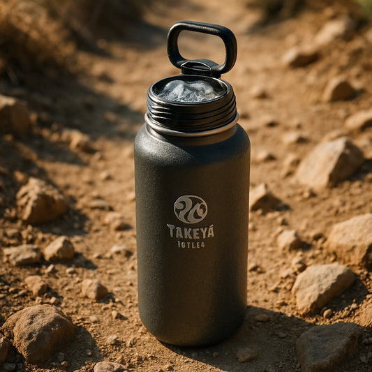 A close‑up of a Takeya Actives stainless steel bottle on a rocky trail, ice cubes visible through the wide mouth, dry textured exterior reflecting sunlight. Alt: cheap insulated water bottle on a hiking trail