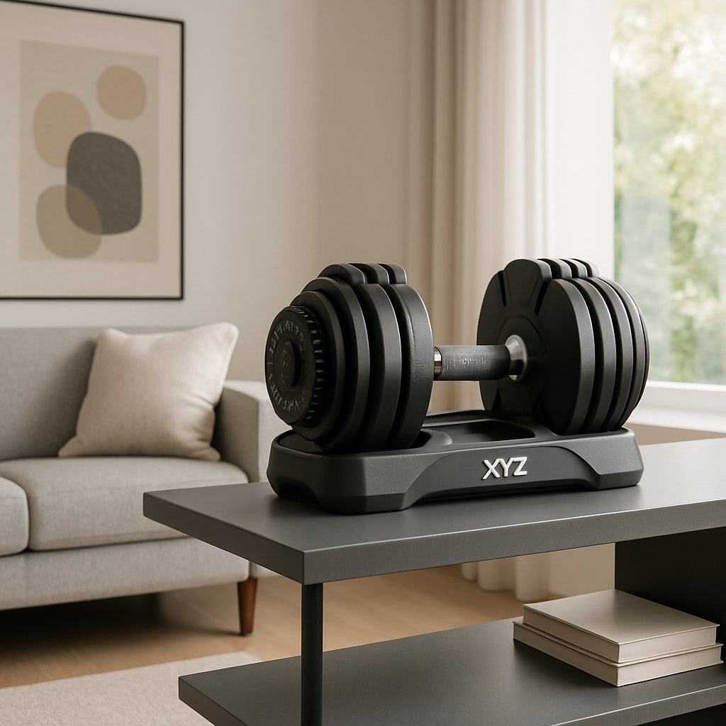 A modern living room with a compact XYZ Adjustable Dumbbell Set on a sleek shelf, showing the dial and multiple weight plates visible. Alt: XYZ adjustable dumbbell set cheap home gym solution