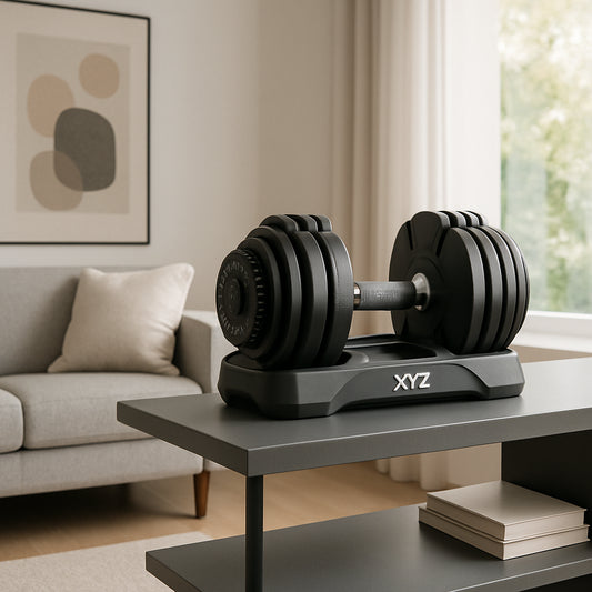 A modern living room with a compact XYZ Adjustable Dumbbell Set on a sleek shelf, showing the dial and multiple weight plates visible. Alt: XYZ adjustable dumbbell set cheap home gym solution