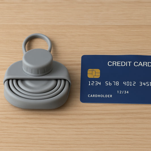 A compact silicone water bottle folded flat next to a credit card, illustrating how tiny it becomes. Alt: affordable collapsible silicone water bottle space saving