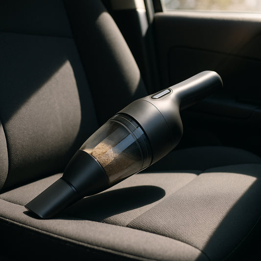 A compact cordless handheld vacuum perched on a car seat, with a small dust cup half‑filled, bright sunlight streaming through the window. Alt: Affordable cordless handheld vacuum for car cleaning interior.