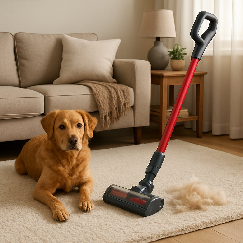 A cozy living room with a dog shedding fur on the carpet, showing a handheld cordless stick vacuum ready to clean. Alt: affordable cordless stick vacuum for pet hair removal in a home setting.