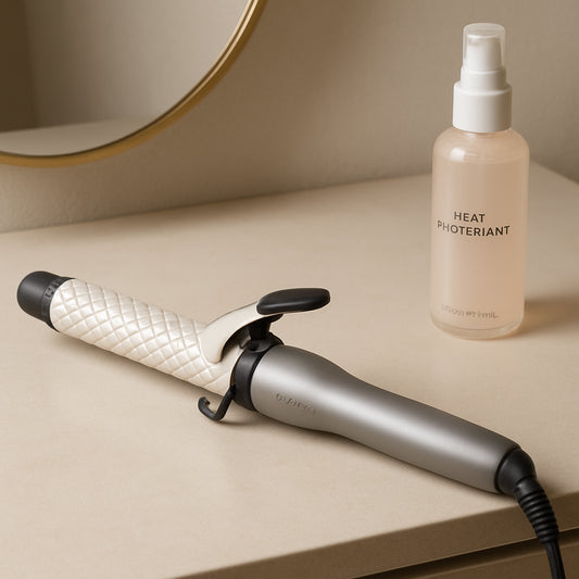 A sleek, lightweight curling iron with a 1‑inch woven ceramic barrel sitting on a vanity, next to a bottle of heat protectant. Alt: affordable curling iron for fine hair, lightweight ceramic design.