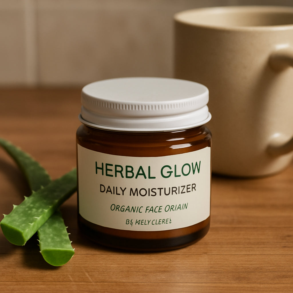 Close‑up of a small, recyclable glass jar of Herbal Glow Daily Moisturizer on a wooden countertop, with a sprig of aloe and a coffee mug beside it. Alt: affordable organic face moisturizer in glass jar.