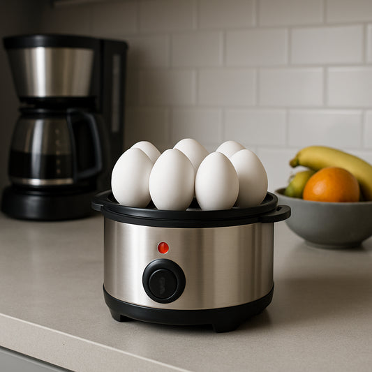 A sleek stainless steel electric egg cooker on a modern kitchen countertop, surrounded by a coffee maker and a small fruit bowl. Alt: Affordable stainless steel electric egg cooker on a kitchen counter.