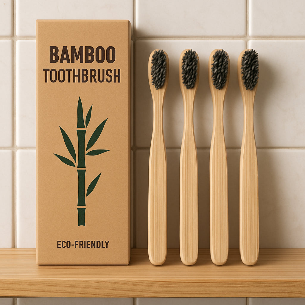 A collection of bamboo toothbrushes with charcoal bristles arranged on a wooden bathroom shelf, highlighting their eco‑friendly packaging. Alt: Affordable bamboo charcoal toothbrush set displayed on a bathroom counter